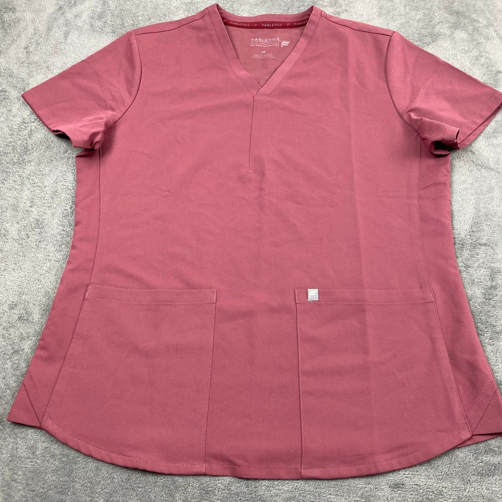 Fabletics Women M Scrub Top Mauve Pink V-Neck Performance Stretch TS2253849